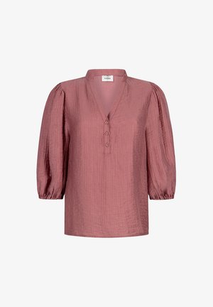 Lila blouse van gestructureerde stof, pofmouwen tot driekwart, V-hals met drie knopen en elastische manchetten.