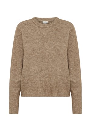 Pull en maille brun avec une surface texturée, col rond et manches longues. Présente un ourlet et des poignets côtelés pour un ajustement décontract�é.
