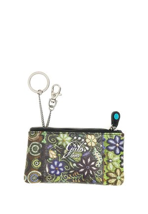Piccola pochette rettangolare con motivo floreale, zip e anello portachiavi in metallo con chiusura, con il testo "Gab 594" sul davanti.