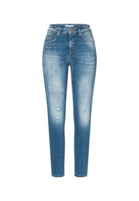 Blå denim skinny jeans med en urtvättad look, slitna detaljer, fem fickor och en knappstängning i midjan.