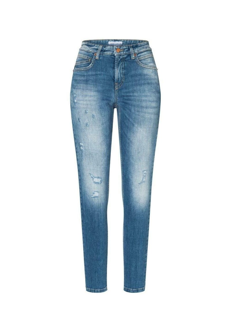 Blå denim skinny jeans med en urtvättad look, slitna detaljer, fem fickor och en knappstängning i midjan.
