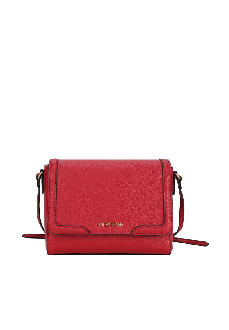 Borsa a tracolla in pelle rossa con un design strutturato, dotata di chiusura a pattina, dettagli del logo in oro e una tracolla regolabile.