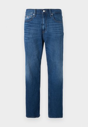 Siniset suoralahkeiset farkut, joissa klassinen viiden taskun malli ja nappikiinnitys, hienovaraisella haalistuksella reisissä.