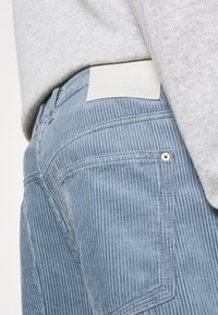 Pantaloni in velluto a coste blu chiaro con strisce verticali, caratterizzati da una superficie testurizzata e un'etichetta crema sulla vita con la scritta "DRYKORN" stampata.