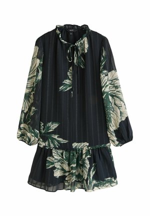 TALL FIT - TIE FRONT TIERED LONG SLEEVE MINI - Nappali ruha - black textured floral