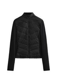 Black jacket featuring a zip front, high collar, and chevron quilted pattern on the front, with smooth fabric on the sleeves and sides.