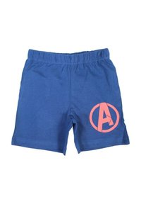 Shorts en coton bleu avec une taille élastique, arborant un grand logo « A » rose dans un cercle sur le côté droit. Texture lisse.
