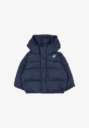 Giacca imbottita blu navy con cappuccio, design trapuntato, polsini elasticizzati e un piccolo logo sul lato sinistro del petto. Realizzata in un materiale morbido e leggero.
