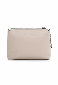 Beige leather clutch with a textured surface, featuring a top zipper closure and a silver chain accent on one side.