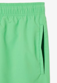 Grüne Shorts mit einem elastischen Bund, ausgestattet mit seitlichen Taschen und einem glatten, leichten Stoff.