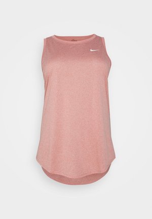 Sleeveless pink athletic tank top with round neckline and small white Nike swoosh logo on the left chest.