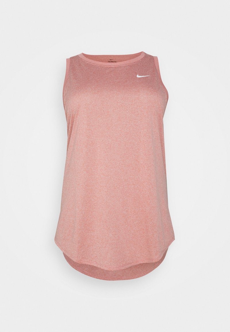 Débardeur de sport rose sans manches avec un col rond et un petit logo Nike Swoosh blanc sur le côté gauche de la poitrine.