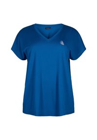 Niebieski T-shirt z dekoltem w serek wykonany z gładkiej tkaniny, z krótkimi rękawami i małym geometrycznym logo po lewej stronie. Casualowy design.