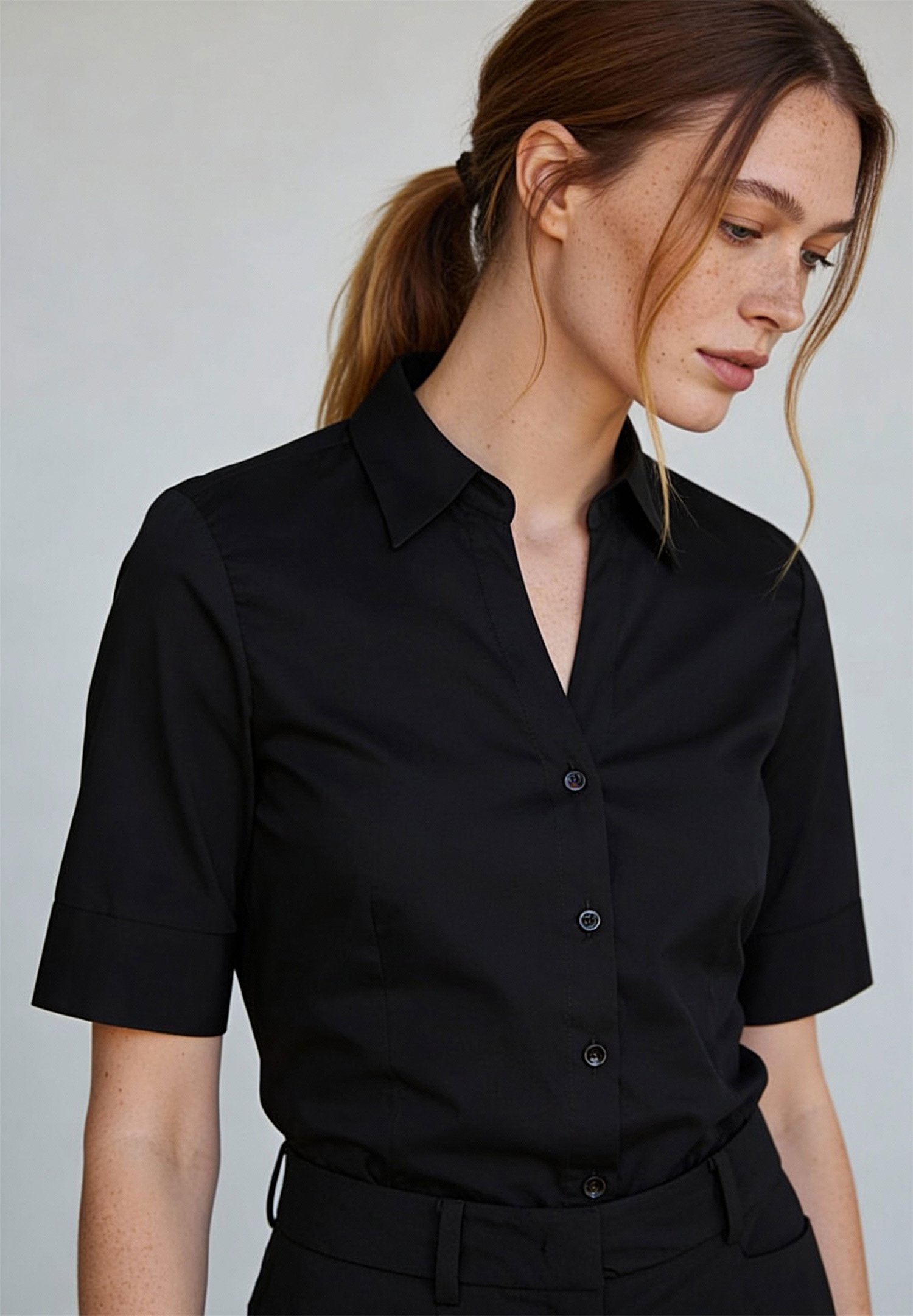 green emerald velvet dress Black Fitted Button-Up Shirt