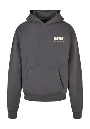 Grå hoodie lavet af bomuldsblanding, med en frontlomme, ribbede manchetter og et grafisk print med "HAWAI" og "e komo mai" i lys beige.