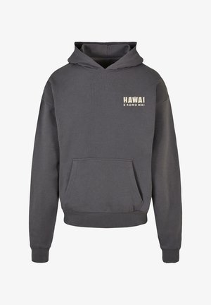 Grå hoodie lavet af bomuldsblanding, med en frontlomme, ribbede manchetter og et grafisk print med "HAWAI" og "e komo mai" i lys beige.