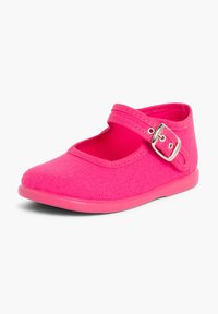 Rosa Canvas Mary Jane Schuh mit flacher Gummisohle, verstellbarem Riemen und runder Zehenpartie. Verfügt über gestickte Details und ein weiches Innenfutter.