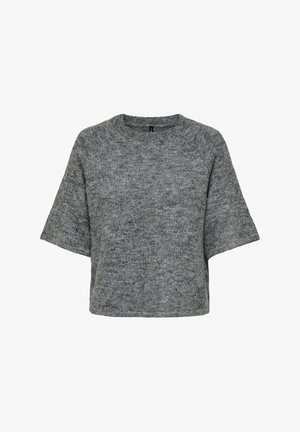 Grauer, kurzärmeliger Strickpullover mit rundem Ausschnitt. Das Material ist strukturiert und verleiht eine weiche Optik. Cropped-Design mit lockerer Passform.