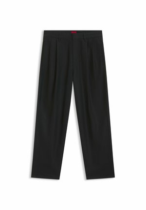 Schwarze Hose mit einem gefältelten Design, weiter Beinform und glatter Textur. Verfügt über ein rotes Taillenlabel.