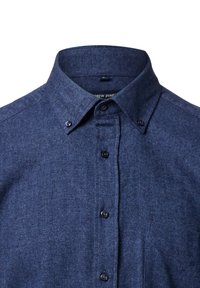 Donkerblauw shirt met visgraatpatroon, voorzien van een button-down kraag, zwarte knopen en een structuurstof. Geen zichtbare logo's of versieringen.
