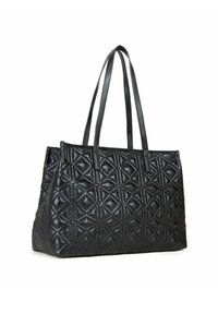 Borsa tote imbottita nera con motivo geometrico, doppio manici piatti e forma strutturata per un facile trasporto e stoccaggio.
