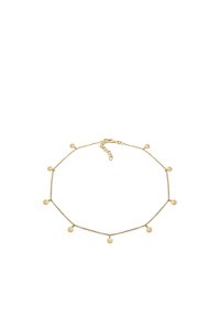 Collana in oro con piccoli pendenti circolari distribuiti uniformemente lungo la lunghezza, con un gancio regolabile sul retro.