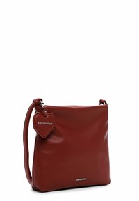 Red leather handbag with a textured finish, featuring a detachable heart-shaped tag embossed with "EMILY&NOAH" and a side strap.