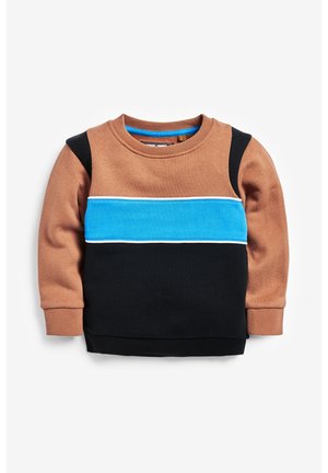 Sweat-shirt color-blocké marron, noir et bleu. Tissu en mélange de coton, col rond, poignets et ourlet côtelés, avec une bande horizontale bleue.