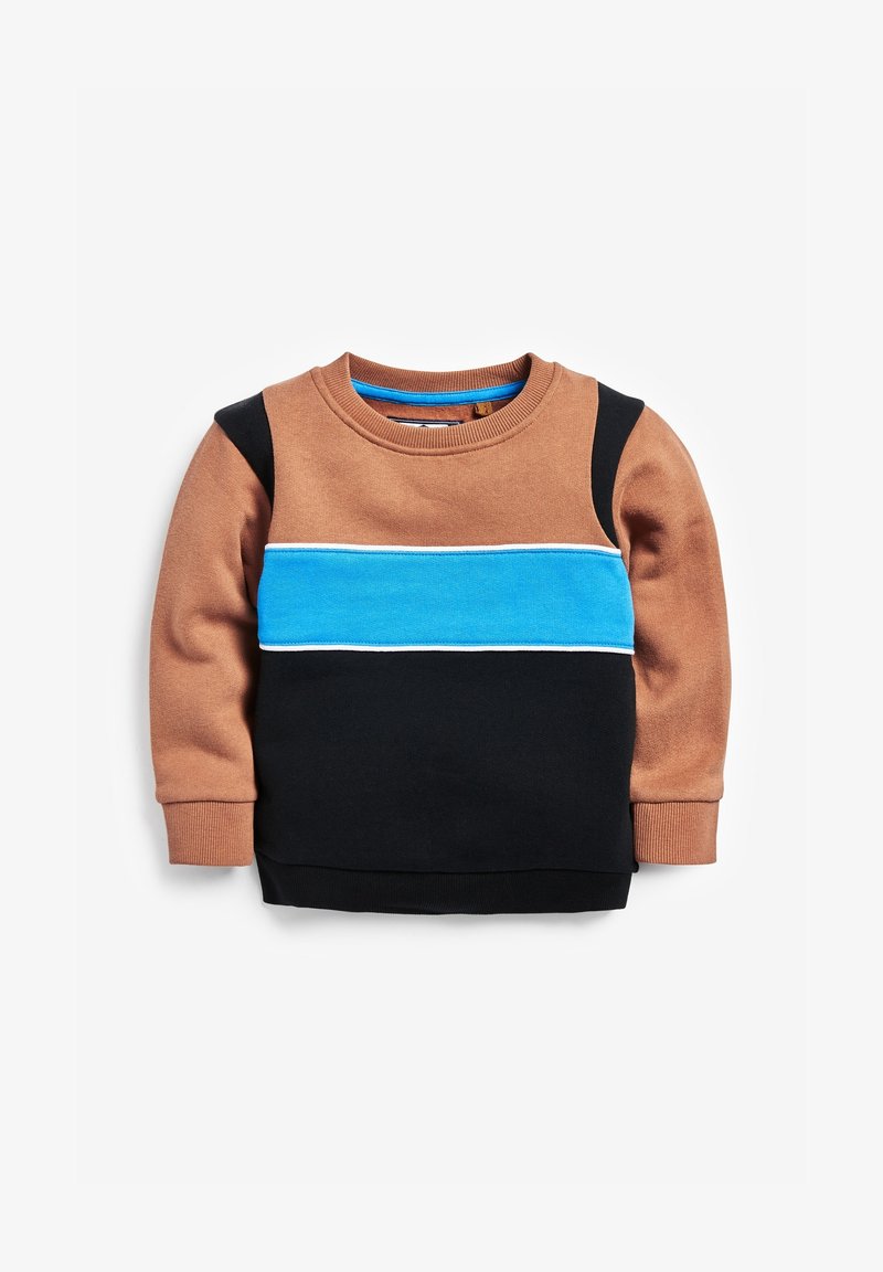 Sweat-shirt color-blocké marron, noir et bleu. Tissu en mélange de coton, col rond, poignets et ourlet côtelés, avec une bande horizontale bleue.