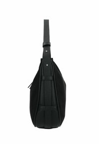 Borsa a tracolla in pelle nera con superficie texturizzata, design snello, tracolla regolabile e dettagli di cucitura discreti lungo i lati.