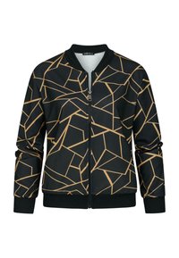 Bomberjacke in Schwarz und Gold mit geometrischem Muster, ausgestattet mit einem Frontreißverschluss, gerippten Bündchen und Saum, aus weichem synthetischem Material gefertigt.