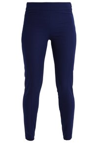 Leggings blu navy realizzati in tessuto elasticizzato, caratterizzati da una consistenza liscia, una forma aderente e un ampio elastico in vita per comfort e flessibilità.