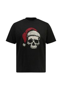 Zwarte katoenen T-shirt met een afbeelding van een schedel die een rode kerstmanmuts draagt. Ronde hals, korte mouwen en een relaxed fit.
