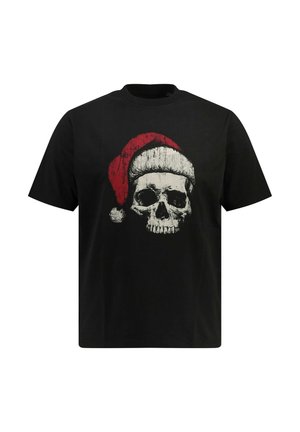 Black cotton t-shirt featuring a graphic of a skull wearing a red Santa hat. Crew neck, short sleeves, and relaxed fit.