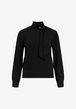 Maglione nero con maniche lunghe, collo alto e un dettaglio con cravattino. Realizzato in tessuto morbido con un design aderente e orlo a coste.