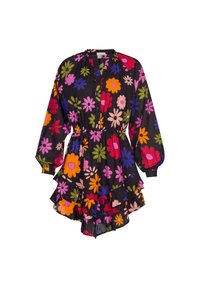 Robe noire à fleurs avec manches longues, boutonnage sur le devant, ourlet à volants, et un mélange de motifs floraux colorés en rose, orange et violet.