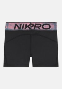 Pantalones cortos deportivos negros hechos de tela elástica, con una colorida cinturilla elástica que presenta el texto "NIKPRO" y un diseño ajustado.