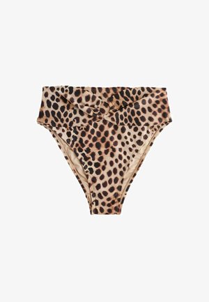 Magas derekú bikini alsó leopárdmintával és elöl csavart anyagrésszel, amelyet kör alakú gyűrű rögzít.