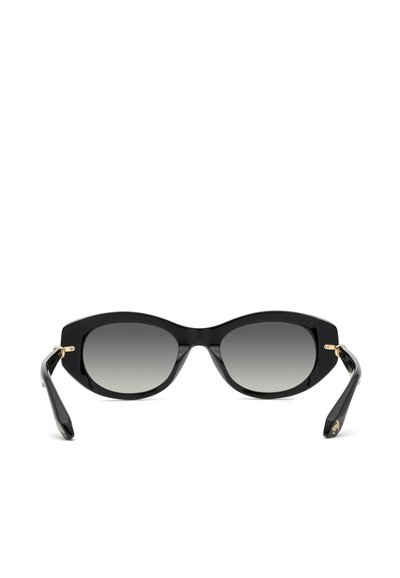 Lunettes de soleil forme œil de chat noires avec verres gris dégradés et accents dorés sur les charnières, vues de face sur fond blanc.