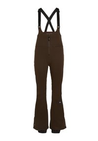 Pantaloni da sci marroni con bretelle nere regolabili, una tasca frontale con zip e gambe svasate con polsini neri. Tessuto a trama liscia.
