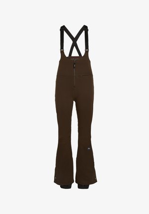 Brown bib ski pants with adjustable black straps, a zippered front pocket, and flared legs featuring black cuffs. Smooth textured fabric.