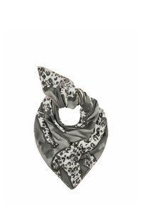 Écharpe grise et noire à motif, de forme triangulaire, en tissu léger et avec une finition à bords bruts. Présente des designs et textures abstraits.