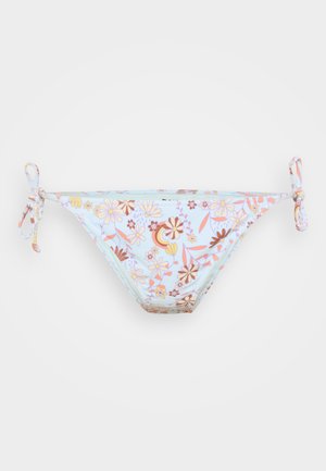 Blommig bikiniunderdel med en ljusblå bas, som har pastellfärgade blommönster, justerbara knytband i sidorna och en slät textur.