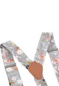 Blumen-Latzhosen haben einen grauen Hintergrund mit mehrfarbigen Blumen, verstellbaren Clips und einem akzentuierenden, hellbraunen Lederbesatz zur Verstärkung.