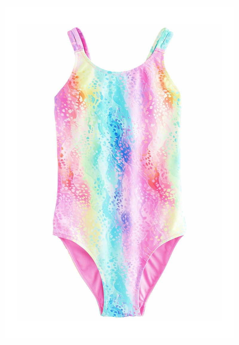 Multicolor one-piece swimsuit featuring a wavy, abstract pattern in pastel shades of pink, blue, yellow, and green with pink lining.