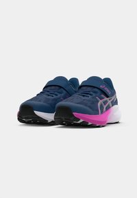 Blue athletic shoes with a mesh upper, pink accent on the heel, and a white sole; secured with a strap across the instep.
