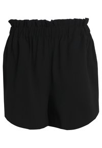 Černé šortky s elastickým pasem, vyrobené z měkké, lehké látky. Design zahrnuje volný střih a zaoblený lem.