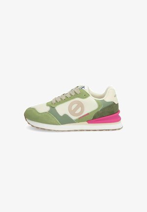 Green and beige sneaker with suede and mesh materials. Features a pink outsole, round logo, and textured accents on the sides.