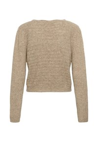 Béžový skrátený sveter s textúrovaným vzorom pletenia, dlhými rukávmi a širokým výstrihom. Tkanina vyzerá jemne a ľahko.