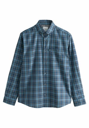 Camisa de manga larga abotonada en color azul con un patrón a cuadros. Presenta un bolsillo en el pecho, cuello y dobladillo redondeado. Fabricada en un tejido suave.